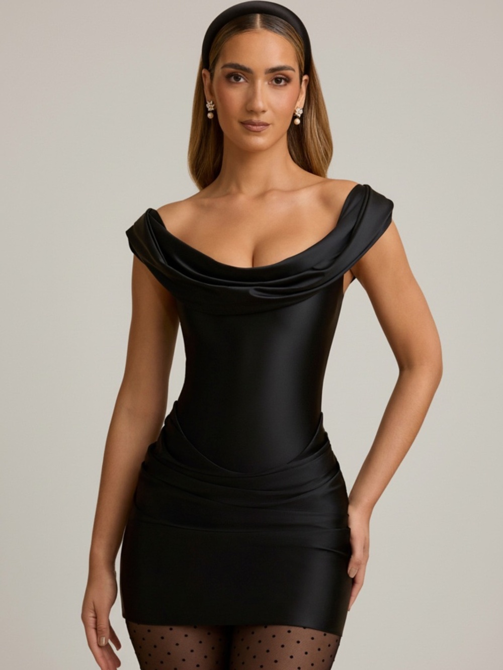 Oh Polly Satin Off-Shoulder Draped Mini Dress in Black 2